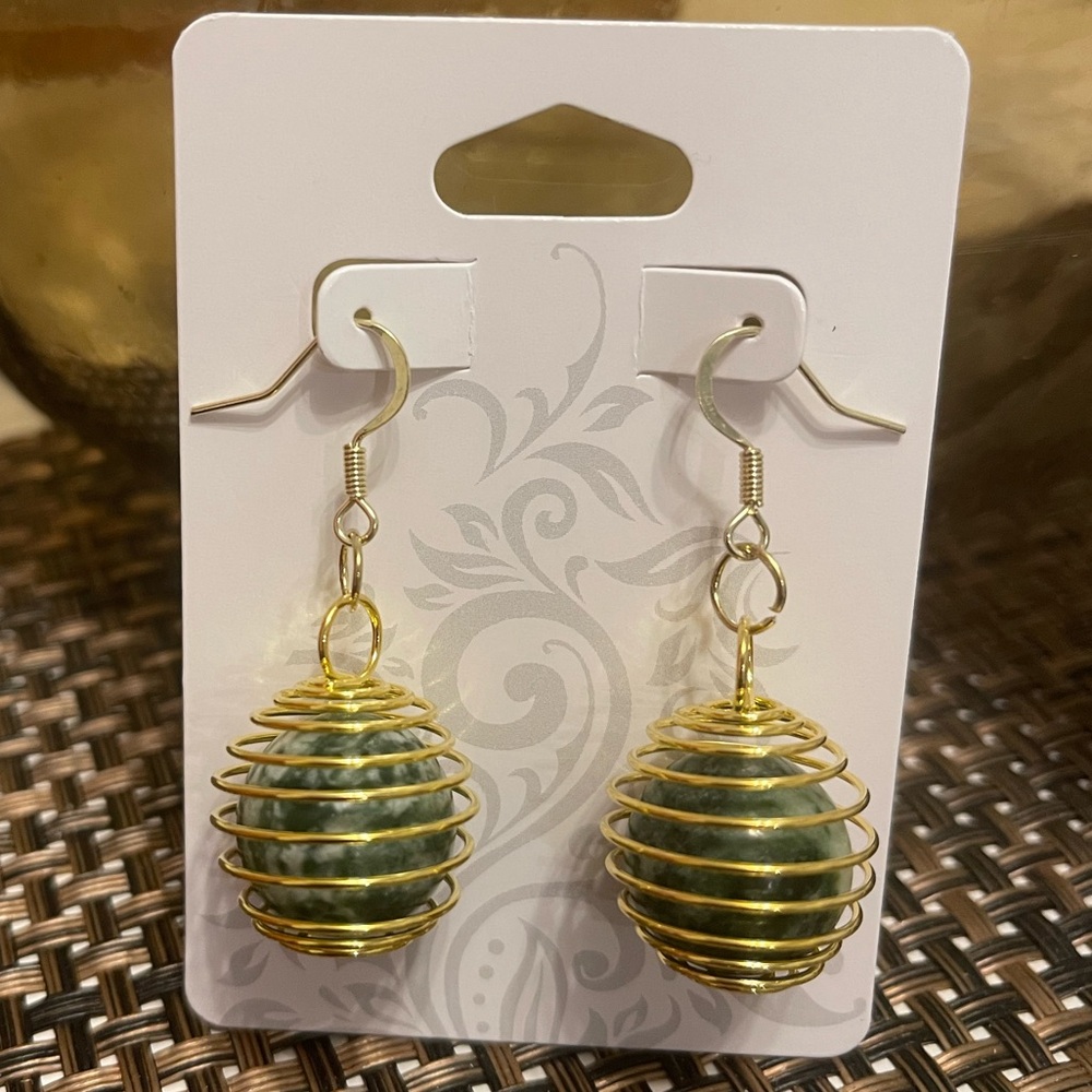 Elegant Gold and Green Wire Wrapped Earrings